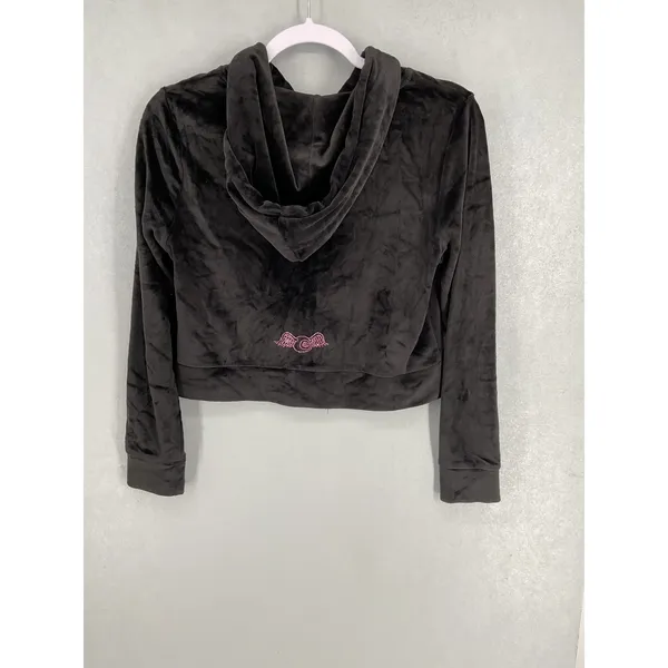Von Dutch Women Hoodie Black Velour Pink Rhinestone Logo Medium - Image 4