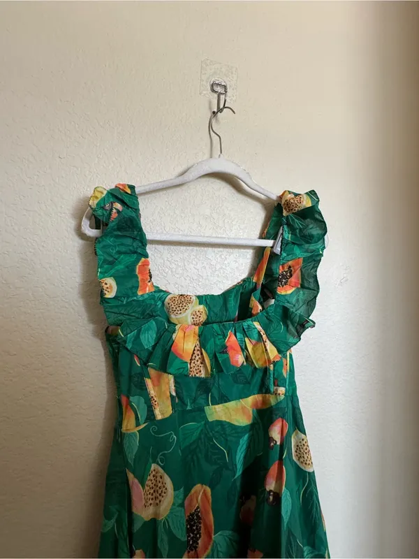 Farm Rio Green Papaya Salad Midi Dress Sz Small Floral Tropical Vacation Resort - Image 7