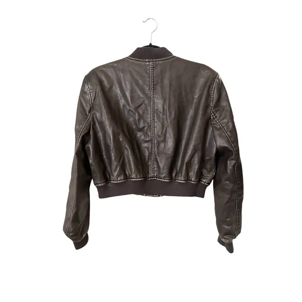 ZARA Faux Leather Cropped Bomber Jacket Brown Medium - Image 5