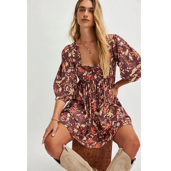 Free People Western Bohemian Dainty Lola Mini Dress Mocha Combo Large Floral NWT - Image 6