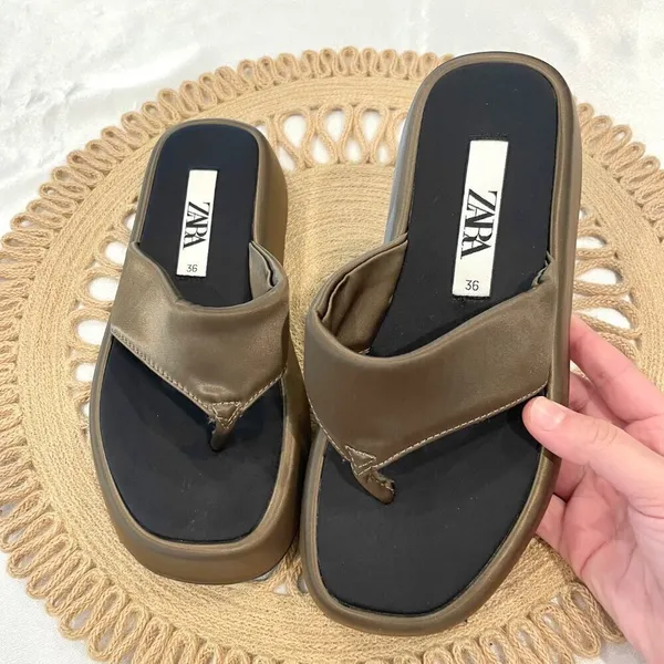 Zara Satin Effect Low Heel Platform Sandals Green Khaki Size EU 36 Minimalist - Image 3
