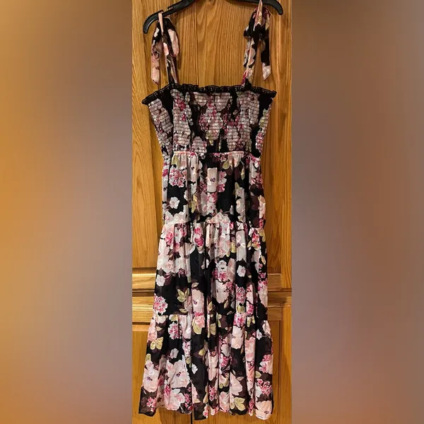 Lulus Wowing Wonder Black Floral Jacquard‎ Smocked Tie-Strap Tiered Midi Dress - Image 6