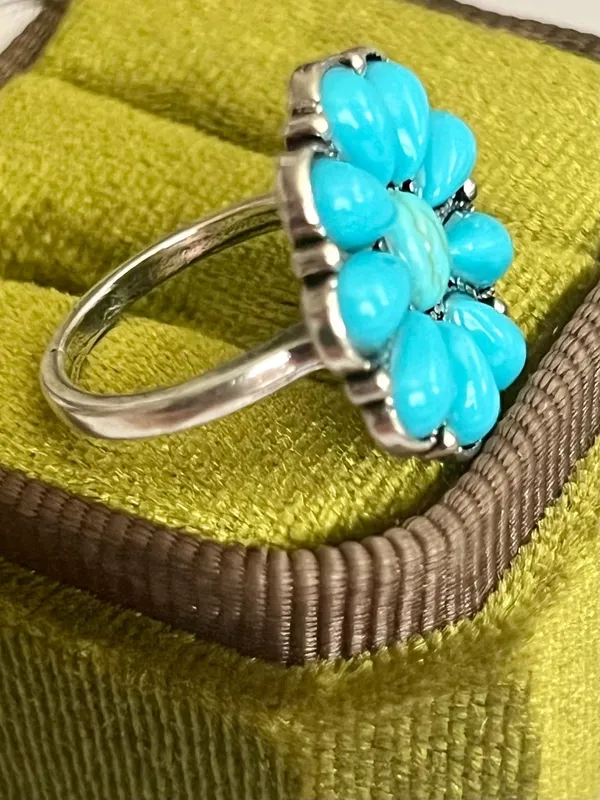 Turquoise Flower Cluster Titanium Steel Silver Statement Ring Size 6 Blue - Image 3