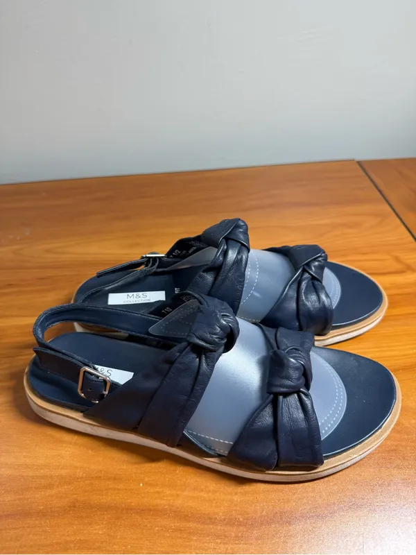 Marks‎ & Spencer Wide Fit Navy Blue Leather Sandals Twist Slingback Flat Comfort - Image 3