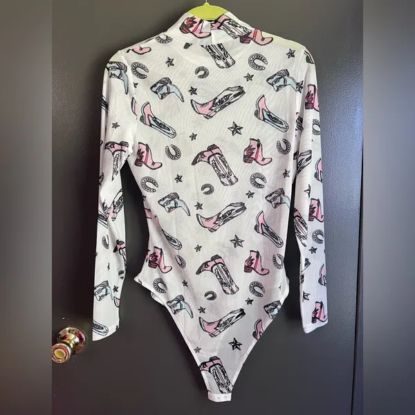 White western print mesh bodysuit Size M - Image 3
