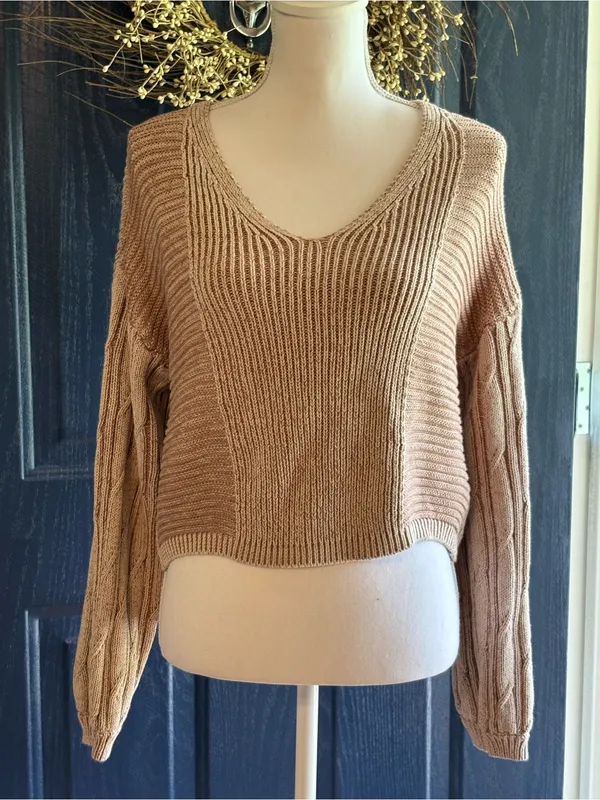 Free People When it rains V-Neck Sweater - Beige size Medium - Image 2