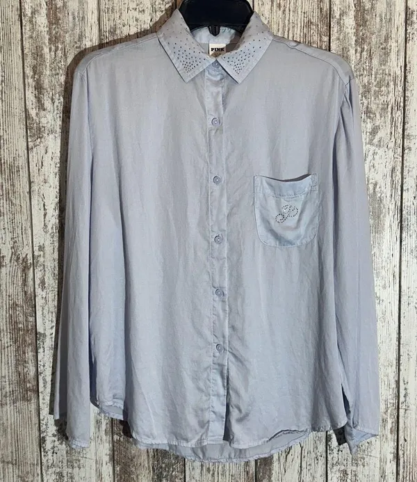 PINK Victoria’s Secret Silky Sleep Shine Long Pajama Set Hydrangea Blue Small - Image 2