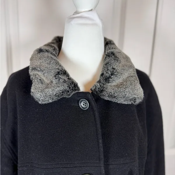 Vintage Andrea Wool Faux Fur Collar Swing Coat Black Car Coat Women L - Image 4