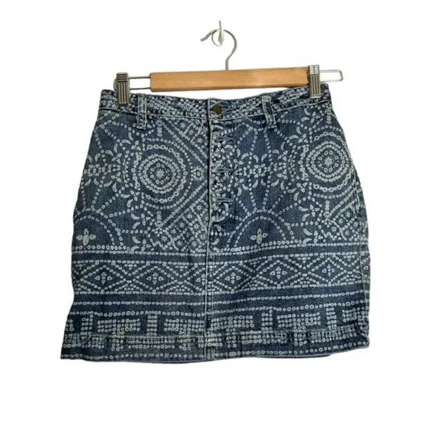 Free People School Daze Tribal Denim Mini Button Fly Skirt - Image 3