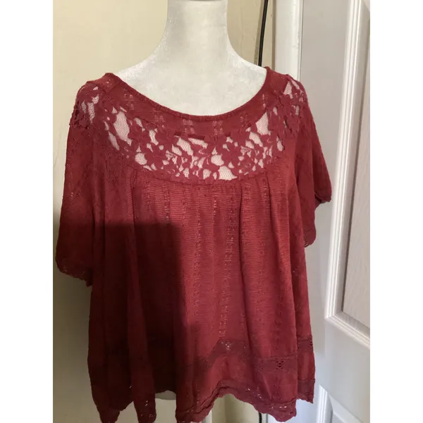 Free People Burgundy Red Lace Inset Open Knit Boho Blouse Top Womens Medium - Image 2