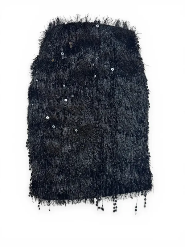 H&M Black Sequin Fringe Skirt Size L Party Evening Glam Statement Mini - Image 2
