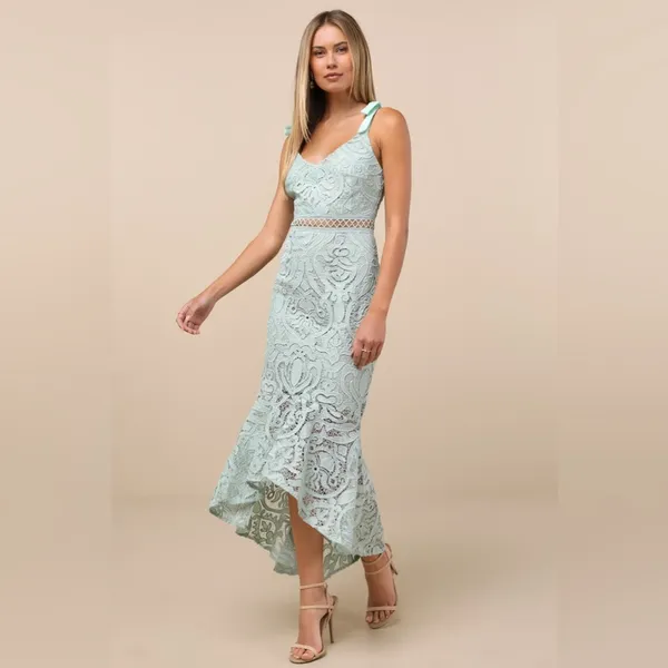 LULU’S Won Your Heart Sage Green Lace Tie-Strap High-Low Midi Dress - Image 6