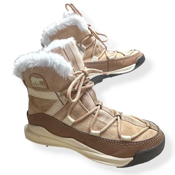 Sorel ONA RMX Glacy Waterproof Suede Canvas Tan Faux Fur Gorpcore Ski Womens 8 - Image 2