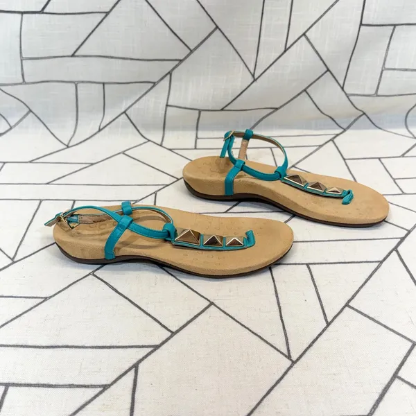 Vionic Sandals Size 8 Teal Leather Gold Studded Orthotic T-Strap‎ Ankle Strap - Image 2