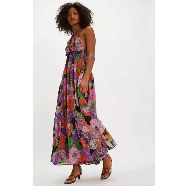 Free People Bohemian Retro 70s Beachy Bayside Florals Halter Maxi Dress Small - Image 13