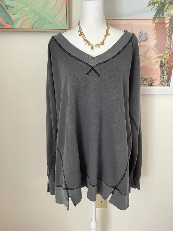 Aerie Downtime V-Neck Sweatshirt | Smoke Grey | Size Large - Image 4
