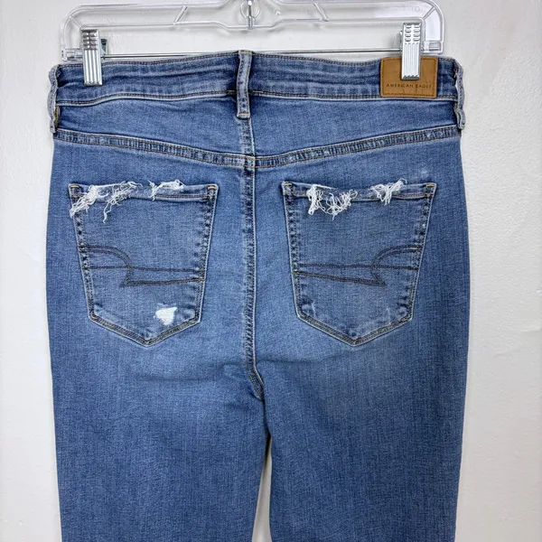 American Eagle Stretch Super Hi-Rise Flare Medium Wash Distressed Casual Size 8 - Image 9