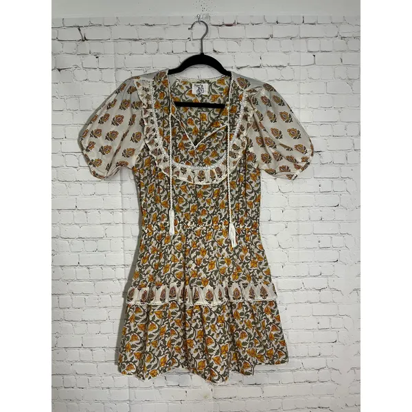 Anthropologie dRA Carmella Mini‎ Dress Floral Cotton Smocked Tiered Yellow White - Image 3