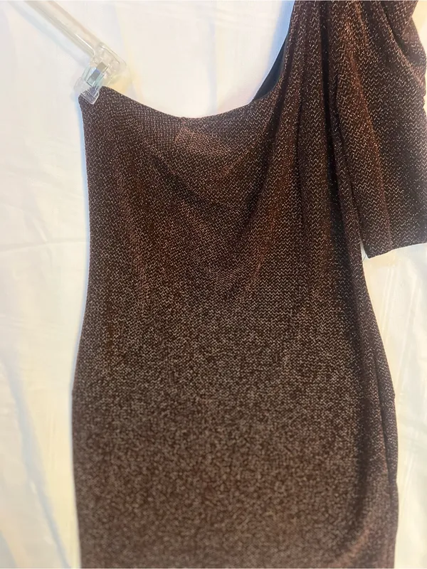 Plus size Mystic One-Shoulder Metallic Bronze Brown Mini Dress 2X - Image 2