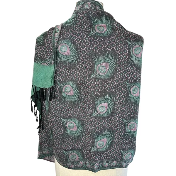 BOHEMIAN Peacock Feathers Print Pashmina, Black Green Pink - Image 4