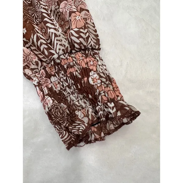 SHEIN Womens Brown Marled Knit Floral Ruffle Sleeve Top Crew Neck Size L - Image 3