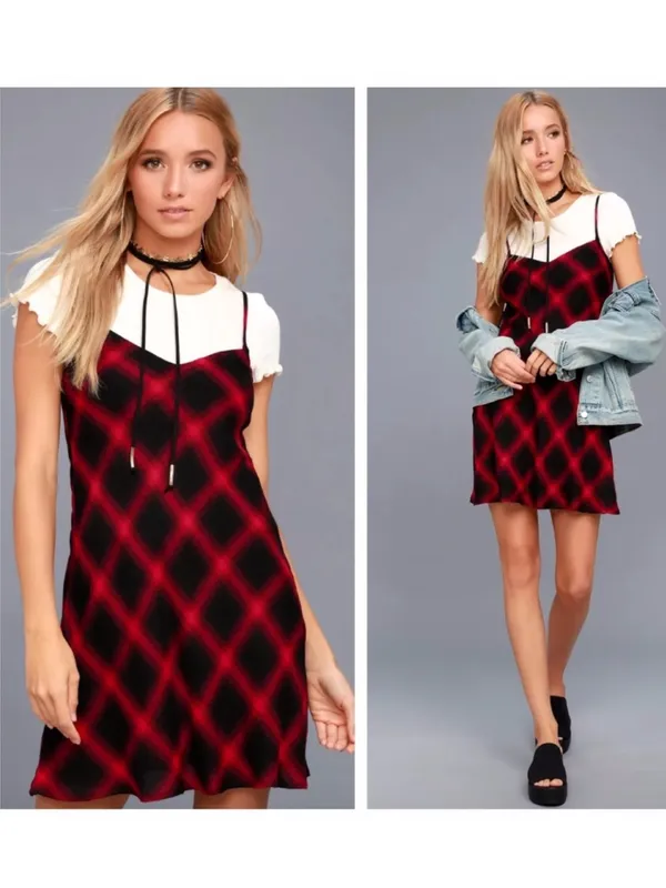 Lulus Red and Black Plaid Rayon Slip Dress size medium - Image 2