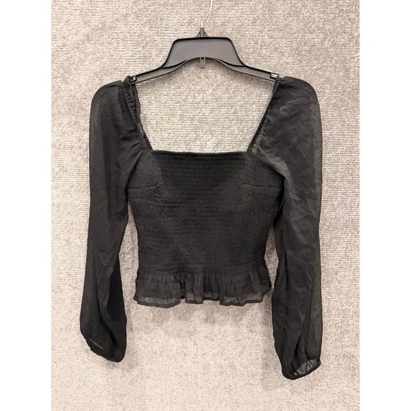 Hollister Womens Top Medium Black Smocked Sheer Long Sleeve Ruffle Hem 340-293 - Image 3