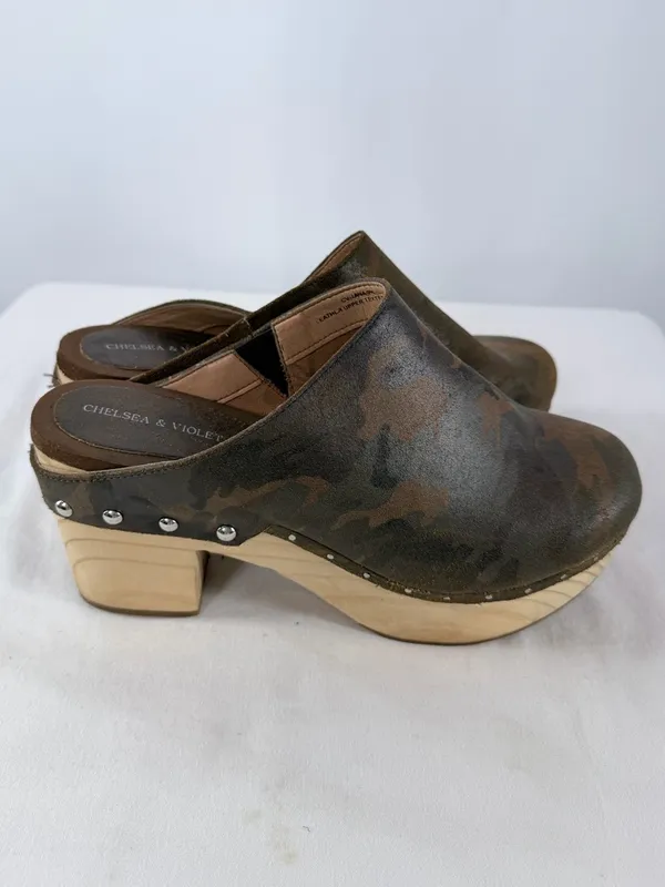 Chelsea & Violet Jana Camo Leather Wooden Clogs Brown Black Size‎ 9 - Image 4