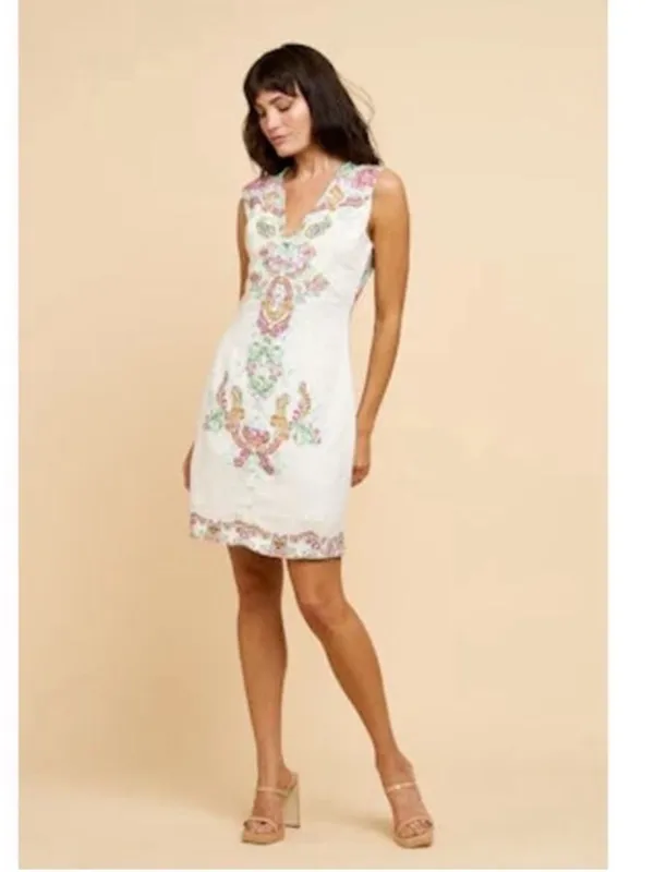 Anthropologie Ciebon White Embroidered V-Neck Shift Dress Floral Sleeveless Sm - Image 2