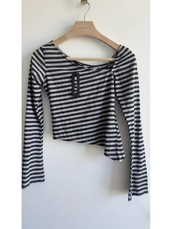 Motel Rocks Dalene Asymmetric Top Gray Black Stripe Long Sleeve Size S NWT - Image 2