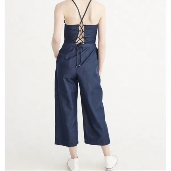 Abercrombie & Fitch Jumpsuit Size 0 Blue Lace Up Back Wide Leg Denim Boho Casual - Image 5