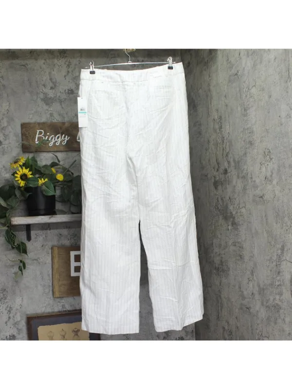 NEW Calvin Klein Pinstriped Pleated Linen Blend Lined Pants White / Khaki 16 - Image 2