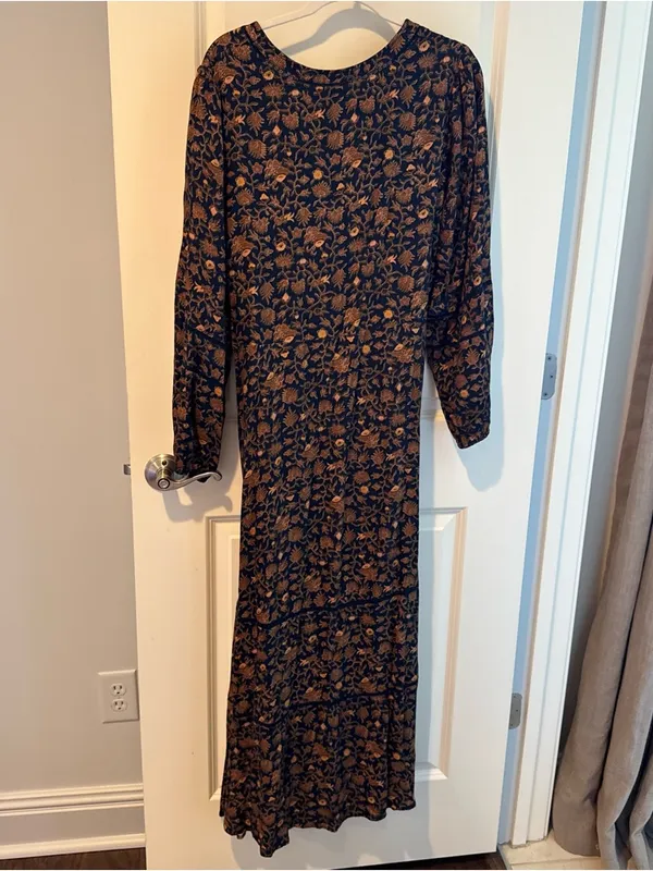 Xirena Charly Midi Dress Floral Long Sleeve Brown & Navy Blue | XL - Image 7