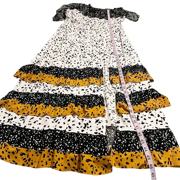 Les Sereine Off Shoulder Smocked Maxi Dress Mixed Print Tiered Slit Large - Image 8
