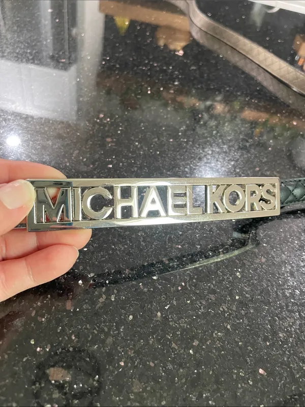 Michael Kors Black Quilted Silver MK Logo Buckle Belt Size Large - Image 14