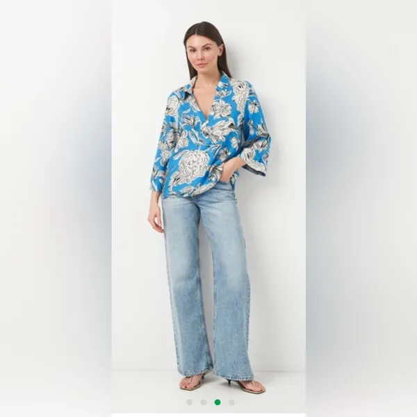 ZARA Blue White Floral Linen Blend Blouse Top NWT XL Oversized Kimono Sleeve - Image 7