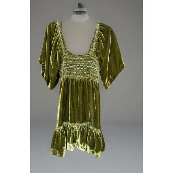 Free People Easy To Love Velvet Smocked Ruffle Mini Dress Size S Olive Green NEW - Image 4