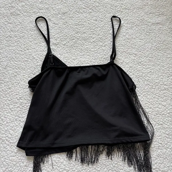 Black Metallic Shimmer Fringe Cami Tank Top XXL Festival coachella rave Goth Y2K - Image 5