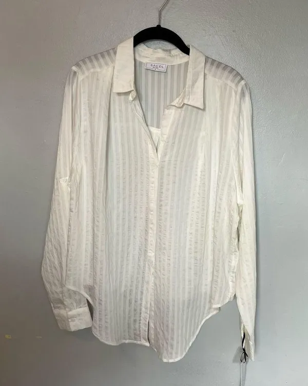 NEW Sage Linen V Neck Shirts Shirt Spring Autumn Casual Long Sleeve White Medium - Image 4