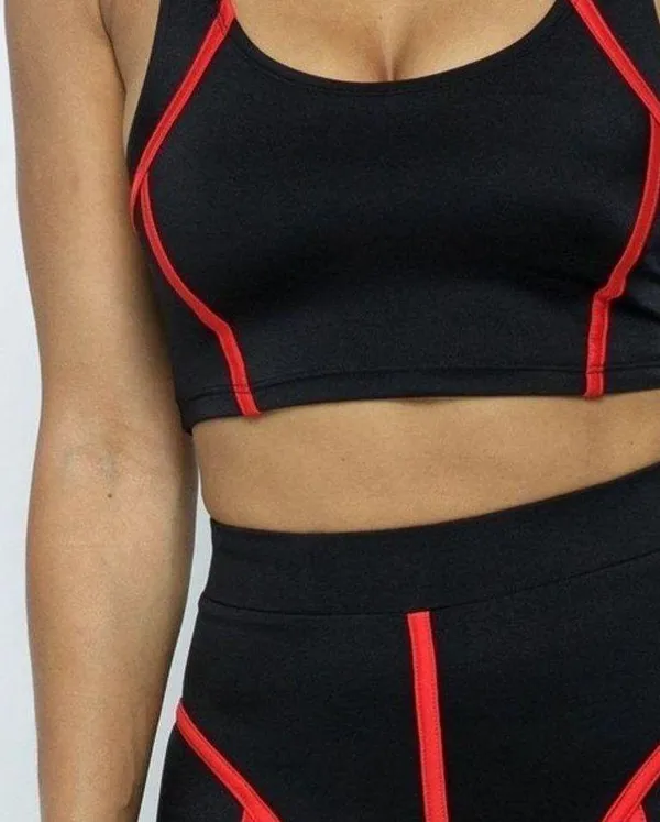 Biker Set. Contrast binding crop tank and biker shorts set. Black and red. Small - Image 4