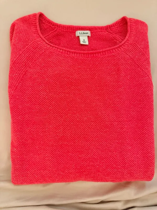 LL Bean Red Textured Knit Long Sleeve Button Cuff Crew Neck Sweater Medium - Image 4