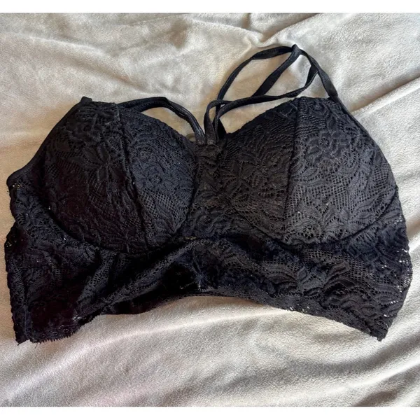 Bozzolo Black Lace Padded Bralette Longline Strappy Caged Back Small - Image 4