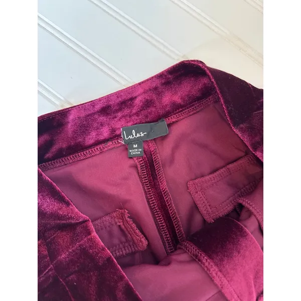 Lulus Chic Splendor Wine Red Velvet Pleated High-Rise Wide-Leg Pants Luxe Size M - Image 5