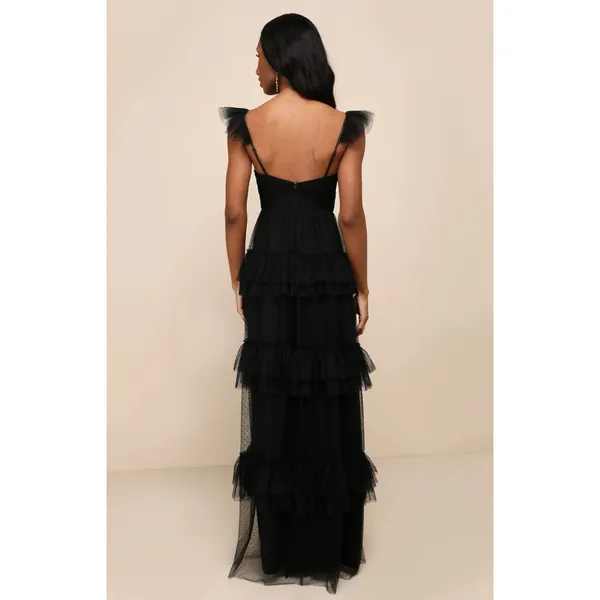 LULU'S Pure Radiance Black Mesh Swiss Dot Tiered Maxi Dress Size XS - Image 2