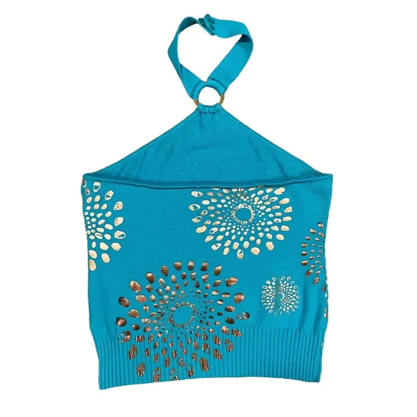 Y2K Halter Top Sz Medium Turquoise Metallic Printed Top - Image 2
