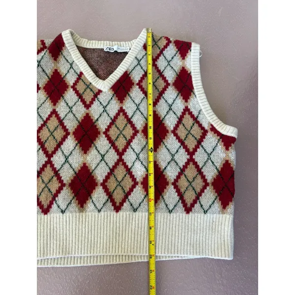Zara Argyle Sweater Vest Preppy Academia Knit‎ Top Sleeveless Large - Image 7