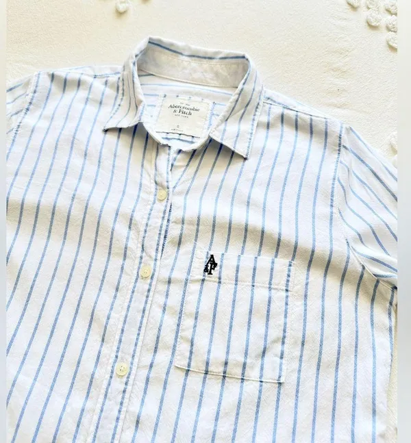 Abercrombie Vintage Y2K Striped Linen Button Up Shirt - White/Blue - S - Image 7