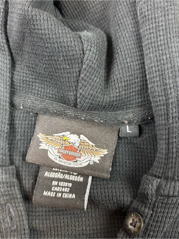 Harley Davidson Womens Thermal Hoodie Black Rhinestone Henley Waffle Knit Large - Image 4