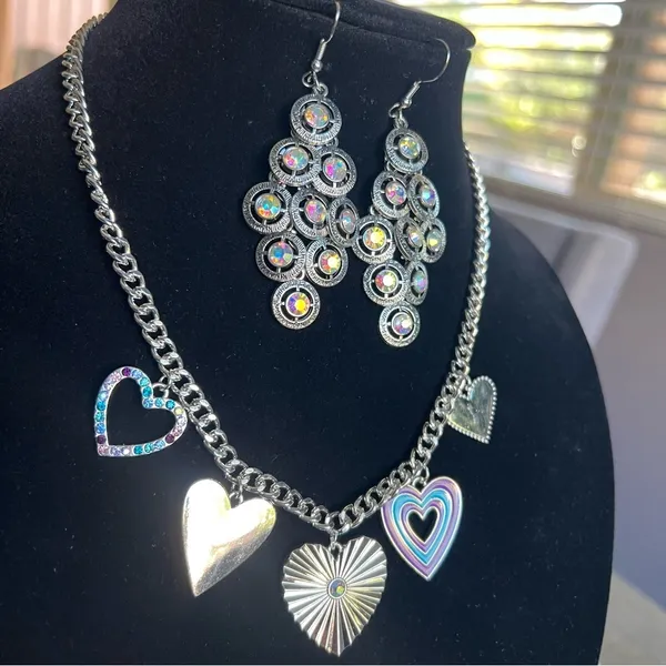 NEW Necklace and earrings Set, AB rhinestones and silver tone metal, custom - Image 2