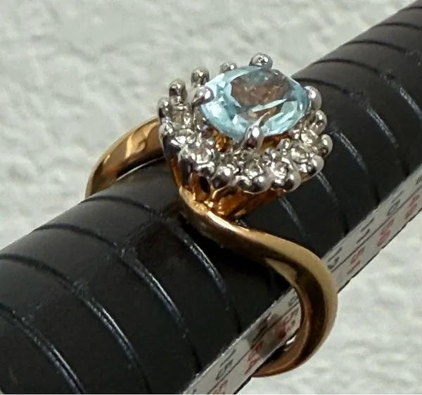 Vintage 18KGE Aquamarine Blue Topaz CZ Ring Size 7 3g. - Image 14